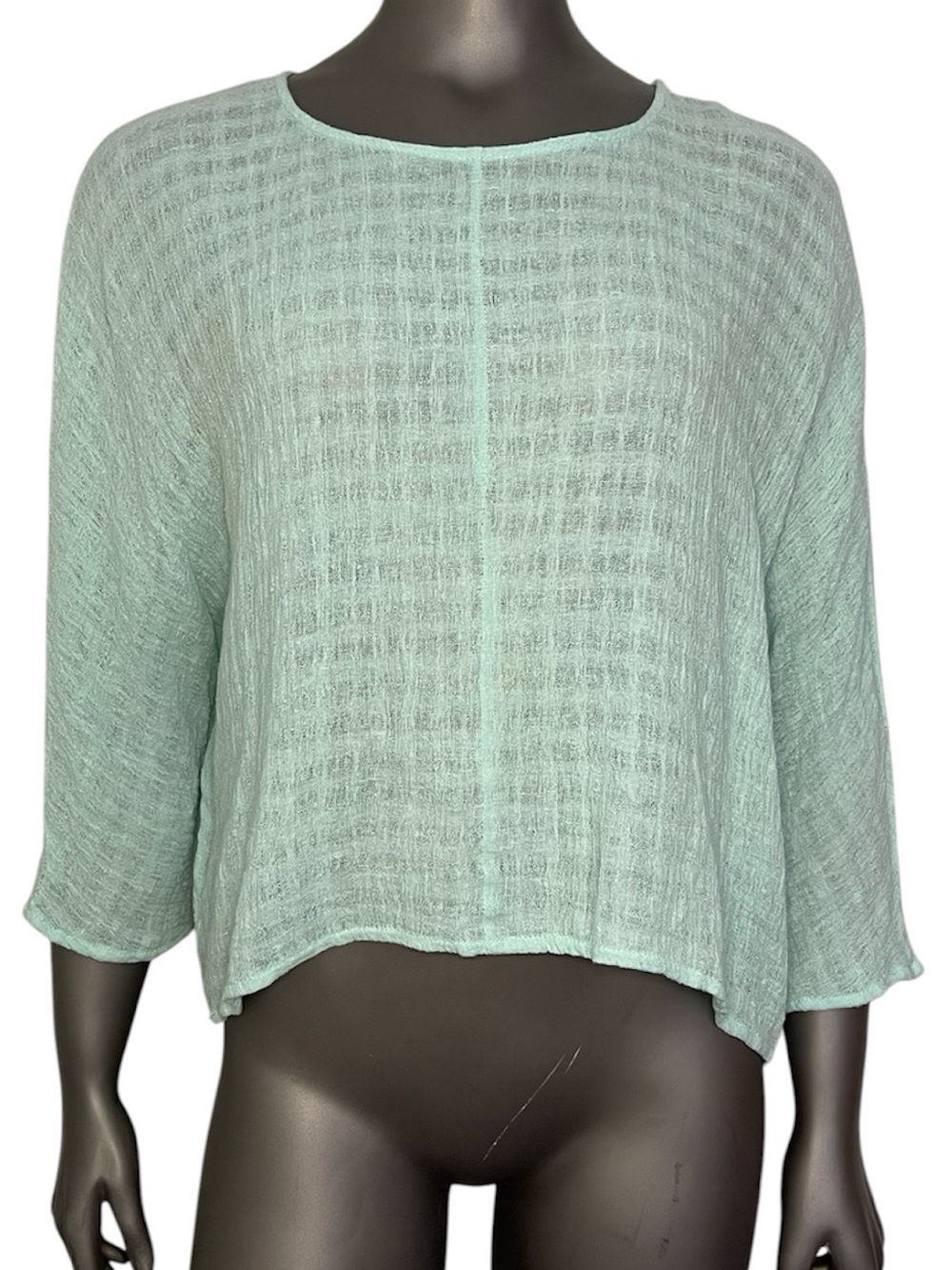 For Cynthia Linen Cotton Top Aqua Blue 3/4 Sleeve Resortwear Boxy Lagenlook